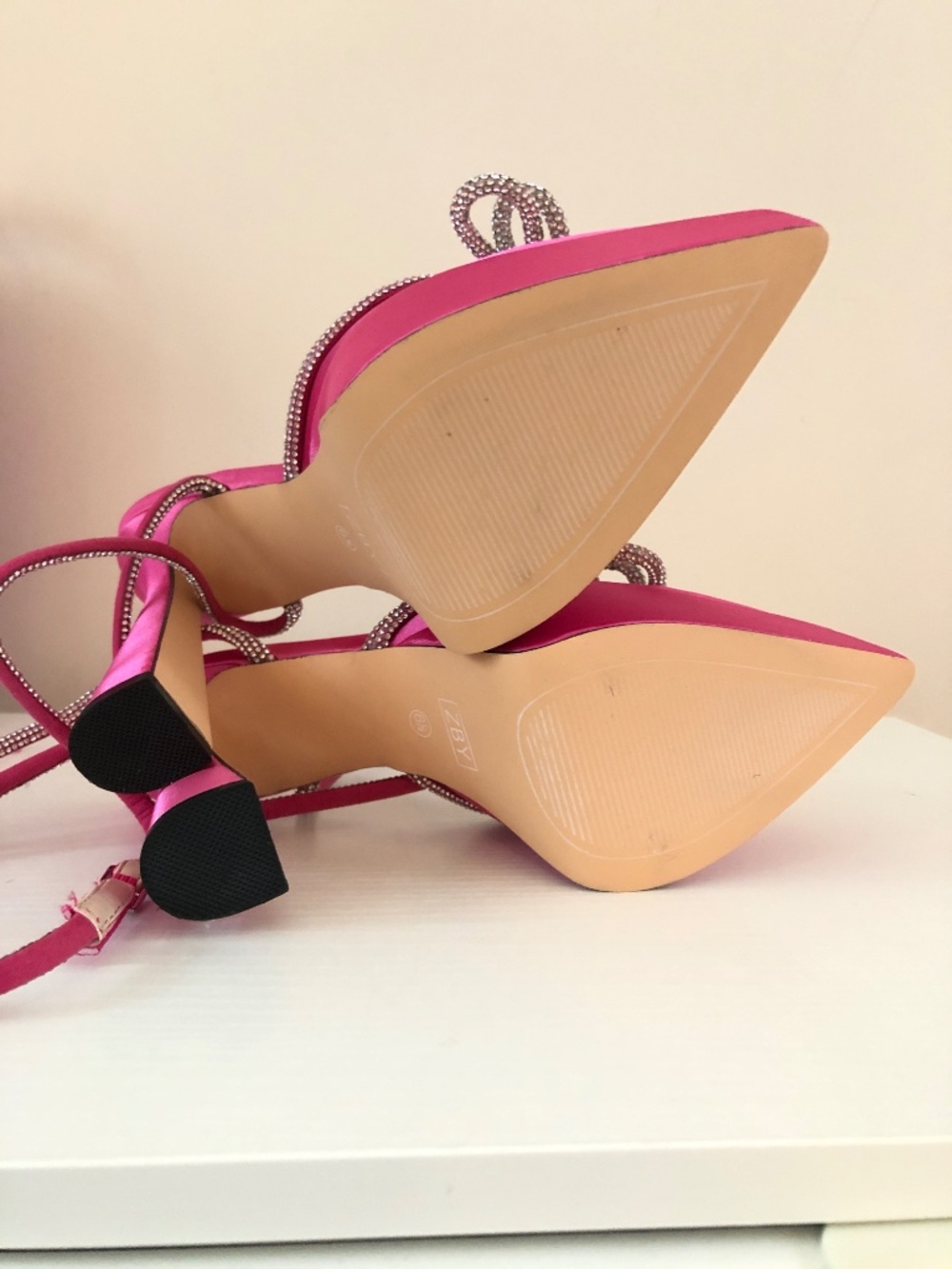 NEW Juliet Holy Pink Satin Crystal Double Bow Chunky Platform Pump Heels - Picture 13 of 14
